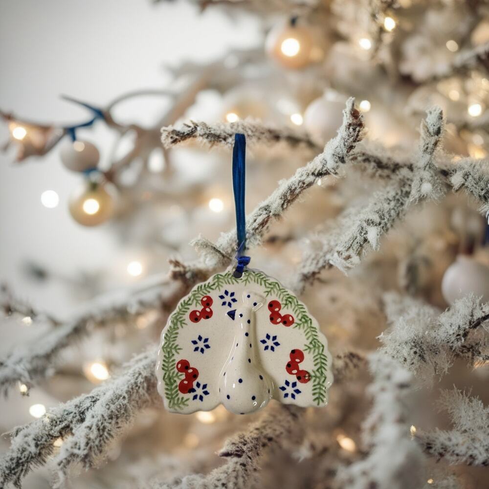 Polish Pottery Style Ceramic Christmas Ornament Peacock Design